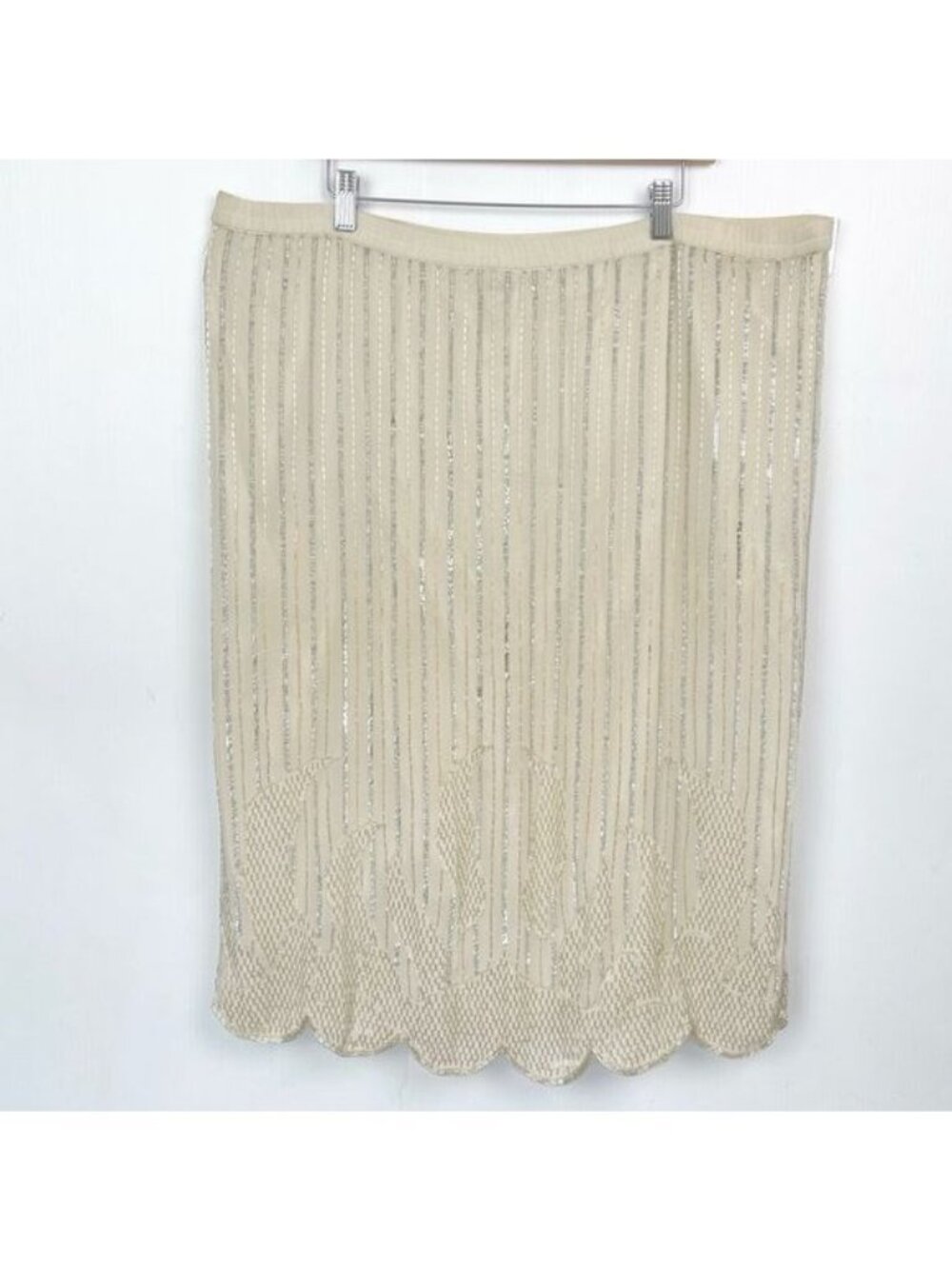Judith Ann 100% silk Sequined beaded ivory party midi skirtSize L
